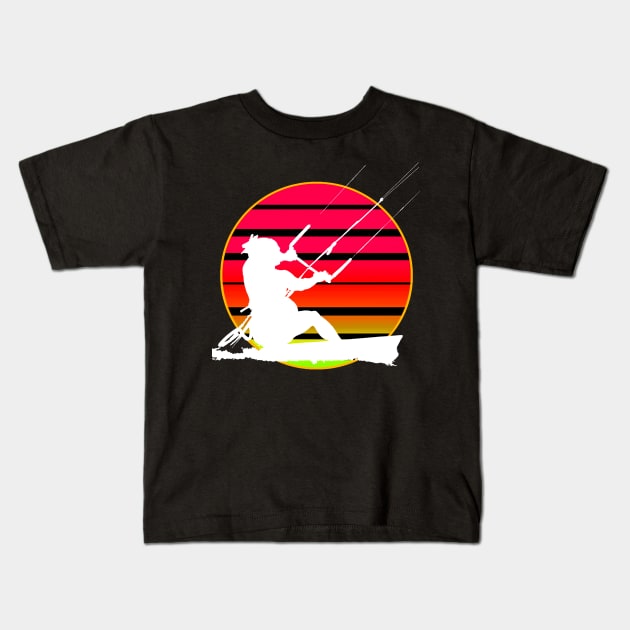 Retro Sunset KiteSurfer Riding A Wave White Silhouette Kids T-Shirt by taiche